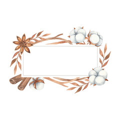 Watercolor frame invitation on a white background. Cotton flowers, anise and twigs in brown shades. Watercolor elements isolated on a white background