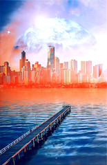 Science fiction book cover design. Alien planet landscape - pier stretching into the ocean at...