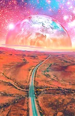 Keuken foto achterwand Koraal Alien planet rising over desert landscape with vivid starry sky and highway. Book cover template - digital illustration. Elements of this image are furnished by NASA