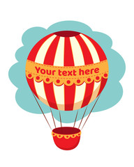 Hot air balloon with yellow ribbon for the text on blue background. Vector illustration