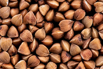 buckwheat brown seeds on a black background top view