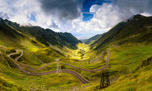 Panoramic view of mountain road Transfagarasan(Transfagarash) highway, the most beautiful road in Europe. Transylvania. Romania.  Ridge Fagaras.