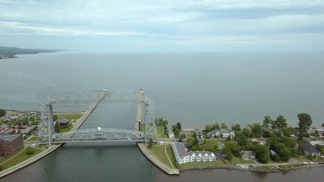 Aerial slide left of Duluth Lift Bridge looking towards Lake Superior