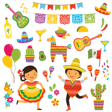 Cinco de Mayo clipart set with people in traditional Mexican costumes and a collection of the holiday symbols