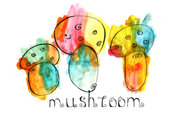 Illustration of mushrooms by paints. Print on a t-shirt with the words Mushrooms.