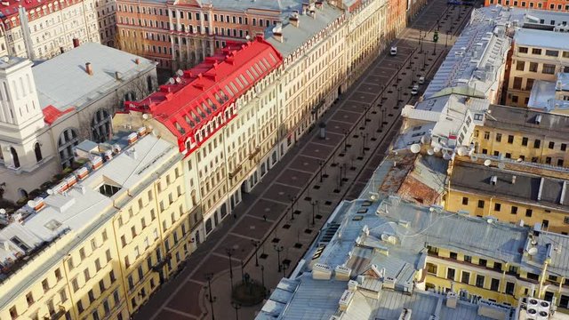 St. Petersburg city center, bolshaya konyushennaya street aerial view. Empty streets during quarantine or early morning. Sunny day. Roofs in shot.
