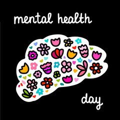 Mental health hand drawn vector illustration logotype neurology disease awareness day flowers blooming inside brain black silhouette