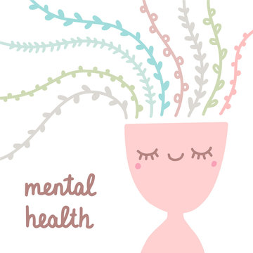Mental health hand drawn vector creative illustration in cartoon comic kawaii style pastel colors beautiful girl colorful hair