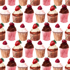 Watercolor seamless pattern with buns, cream cupcakes and ripe strawberries, raspberries and cherries
