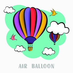 hot air balloon in the sky with clouds and birds vector / illustration / background / postcard
