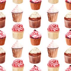 Watercolor seamless pattern with buns, cream cupcakes and ripe strawberries, raspberries and cherries
