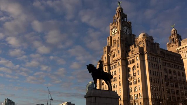 Liverpool city architecture clock and statue England UK 4K