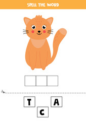 Spelling game for children. Cute cartoon ginger cat.