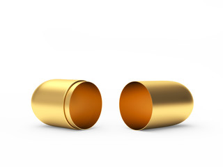 Golden open medical capsule with space for text isolated on a white background. 3D illustration	