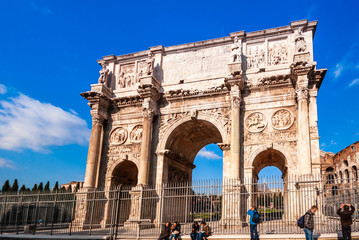 Fototapeta na wymiar The Triumphal Arch of Constantine at the Forum in Rome in Lazio in Italy