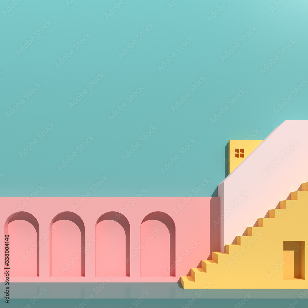 Poster Minimal style of architectural buildings with stairs and arches, housing on pastel color background, presentation,shade and shadow. 3D rendering.