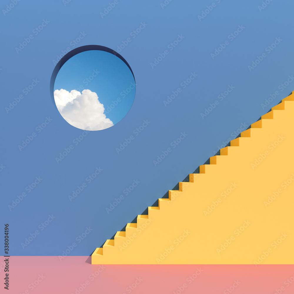 Poster minimal abstract building space with round window and staircase on blue sky background, architectura