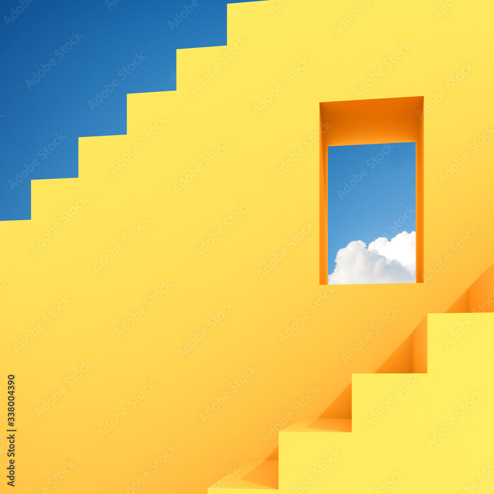 Leinwandbilder Minimal abstract building space with square window and staircase on blue sky background, Architectural design with shade and shadow on yellow surface. 3D rendering.