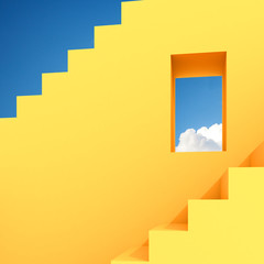 Minimal abstract building space with square window and staircase on blue sky background, Architectural design with shade and shadow on yellow surface. 3D rendering.