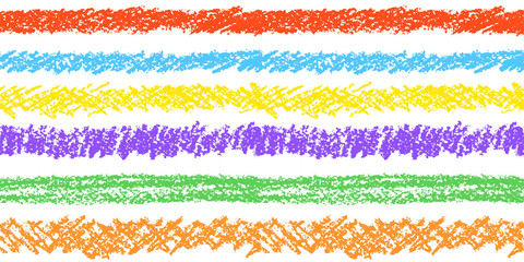 Crayon hand drawing artistic border or seamless stripe pattern. Colorful pastel chalk or pencil art strokes set. Like child`s drawn design elements. Vector grunge texture lines background.