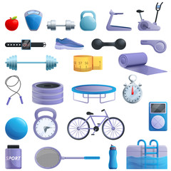 Gym time icons set. Cartoon set of gym time vector icons for web design