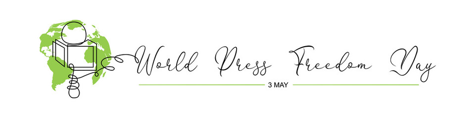 World press freedom day concept design for greeting card, banner, poster, flyer. Microphone Continuous line drawing with Earth globe isolated on white.  Abstract vector illustration