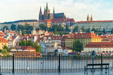 Obraz premium Prague day panorama and reflection in the river
