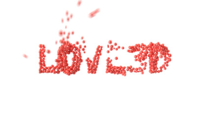 Word Love3D made out of shiny spheres on white background. Valentine's Day. 3D rendering.