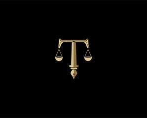 Letter t the legal logo, the concept of the scale of justice with the letter T, vector illustration