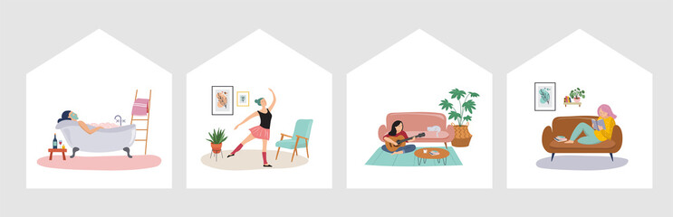 Quarantine, stay at home concept series - people sitting at their home, room or apartment, practicing yoga, enjoying meditation, relaxing on sofa, reading books, baking and listening to the music
