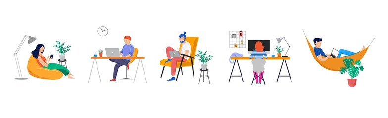 Quarantine, stay at home concept series - people sitting at their home, room or apartment, practicing yoga, enjoying meditation, relaxing on sofa, reading books, baking and listening to the music. 