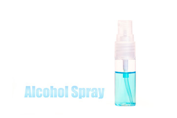 A small plastic bottle of spraying alcohol to spray to any surface for hygiene germ protection. It's convenience to bring to everywhere. A bottle on white background with copy space.
