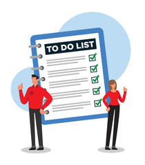 Notebook with a finished to do list. Man and a woman congratulating. OK.