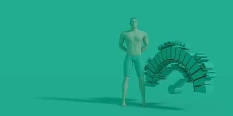 Man stay near scale with arrow. The male power level measuring device icon. Sign tachometer, speedometer, indicators. 3D rendering