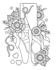 Black and white outline vector coloring book for adults. Ballerina legs in pointe shoes among stylized flowers © Nataliia