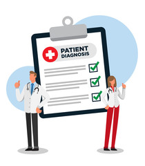 Patient diagnosis. Everything OK. Male and female doctor congratulating.