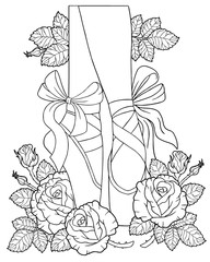 Black and white outline vector coloring book for adults. Legs of a ballerina in pointe shoes among the flowers of roses with thorns