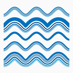 Blue wave ornaments, set of simple wavy borders in nautical style, curly divider lines on white 