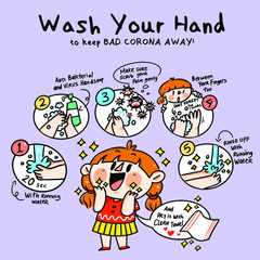 Wash Your Hand to Keep Corona Away  Cute Campaign Doodle Illustration Vector