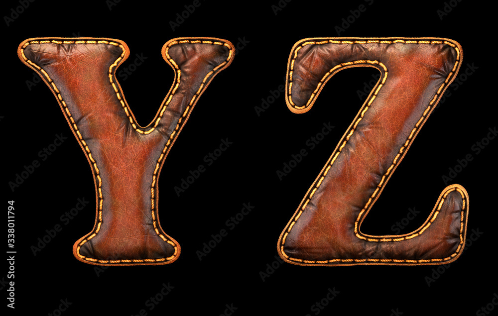 Fototapete set of leather letters y, z uppercase. 3d render font with skin texture isolated on black background