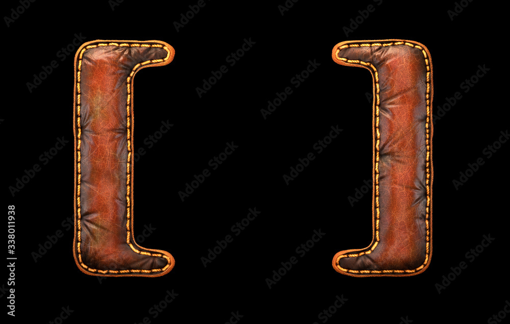 Fototapete set of symbols left and right bracket made of leather. 3d render font with skin texture isolated on 