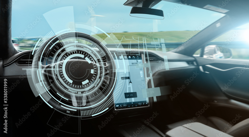 Poster autonomous car with hud (head up display). self-driving vehicle
