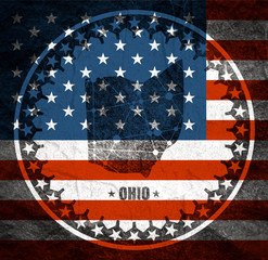 Image relative to USA travel. Ohio state map textured by lines and dots pattern. Stamp in the shape of a circle. Flag of the USA