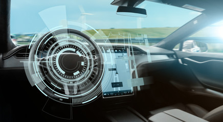 Autonomous car with HUD (Head Up Display). Self-driving vehicle