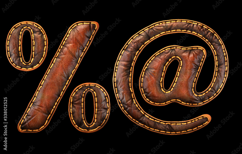 Fototapete set of symbols percent and at made of leather. 3d render font with skin texture isolated on black ba