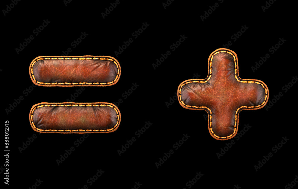 Fototapete set of symbols equals and plus made of leather. 3d render font with skin texture isolated on black b