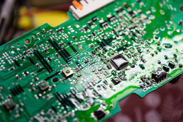 Laptop motherboard closeup. Printed circuit Board with SMD components