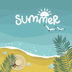 Fototapeta na wymiar summer sea with waves background, palm leaves, starfish mollusks, beach yellow sand, vector design template, lettering illustration