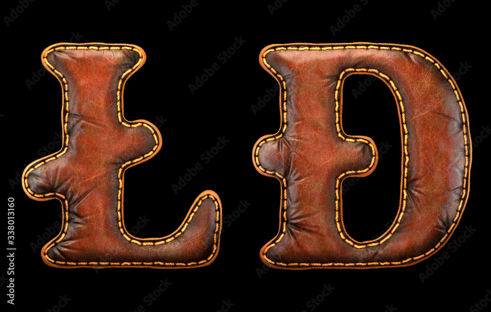 Fototapete set of symbols litecoin and dashcoin made of leather. 3d render font with skin texture isolated on b