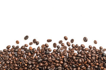 Coffee beans isolated on white background with copy space. Coffee time and breakfast at morning time concept.